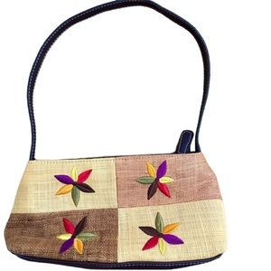 Vintage LIZ CLAIBORNE Cottagecore Vinyl Wicker Handbag Beige Embroidered Floral